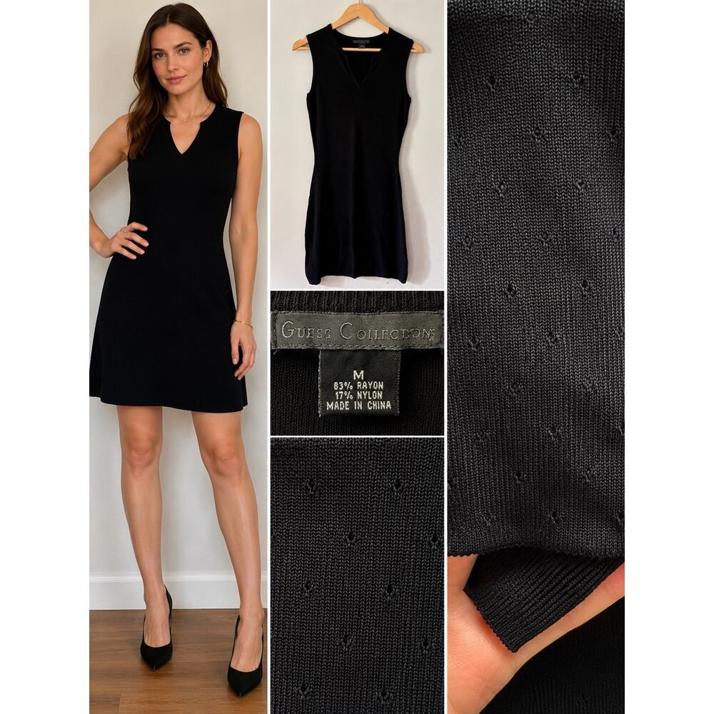 Guess Collection Sleeveless Black Pointelle Sweater Knit Sheath Dress Size M